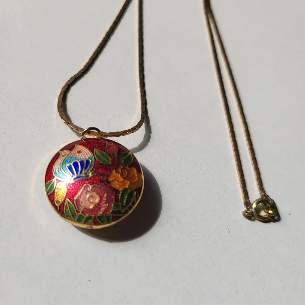 Vintage Two Sided Puffy Cloisonne Pendant Necklace Red Floral Butterfly